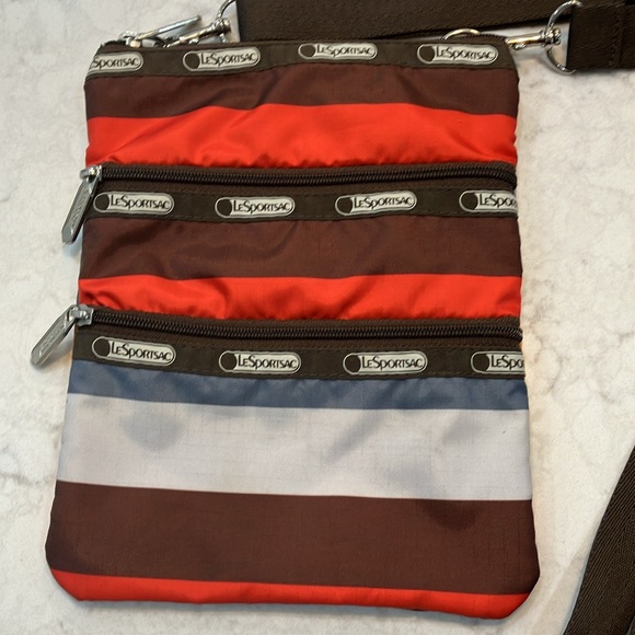 LeSportsac 3-Zip Stripe‎ Crossbody Brown, Orange, Gray - EUC - Picture 3 of 8